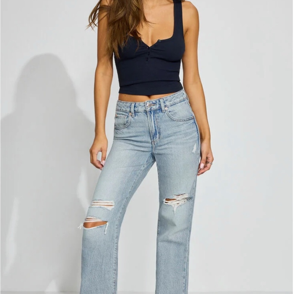 Garage Blue Straight Leg Jeans with Distressed Details